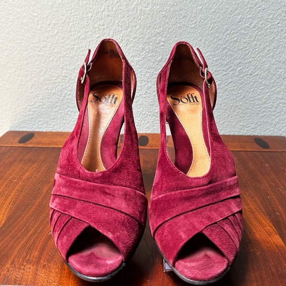 Vintage Sofft Women’s Burgundy Suede Open Peep Toe Heels Sandals Size 6.5 Pumps - Picture 4 of 11